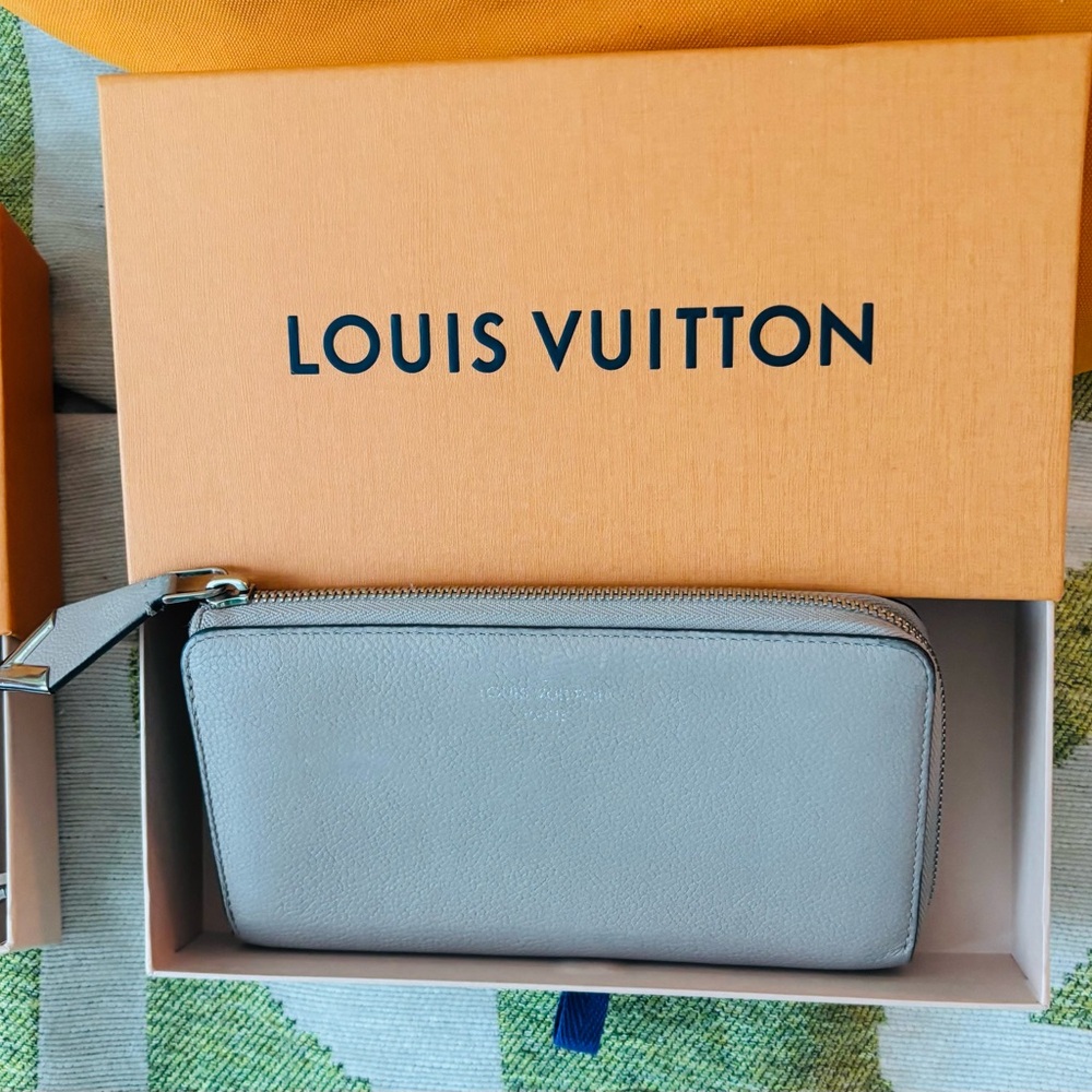 Louis Vuitton Taupe Leather Zip Wallet with Silver Hardware